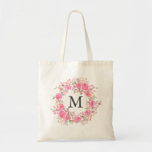 Pink Watercolor Rose Monogram Tote Bag