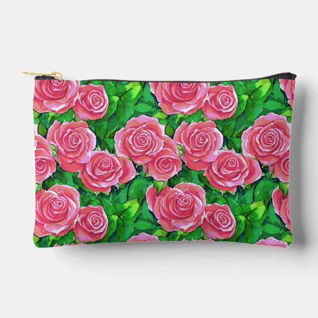 Pink Watercolor Rose Pattern Accessory Pouch (Front)