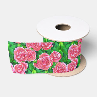 Pink Watercolor Rose Pattern Satin Ribbon