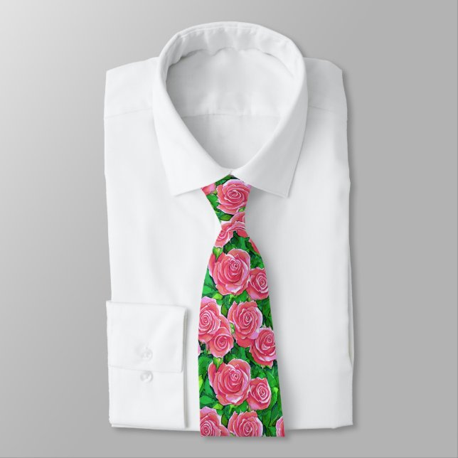 Pink Watercolor Rose Pattern Tie (Tied)