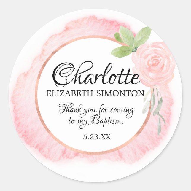 Pink Watercolor Rose Personalised Baptism Classic Round Sticker (Front)