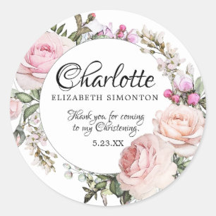 Pink Watercolor Rose Personalised Christening Classic Round Sticker