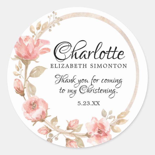 Pink Watercolor Rose Personalised Christening Classic Round Sticker (Front)