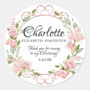 Pink Watercolor Rose Personalised Christening Classic Round Sticker
