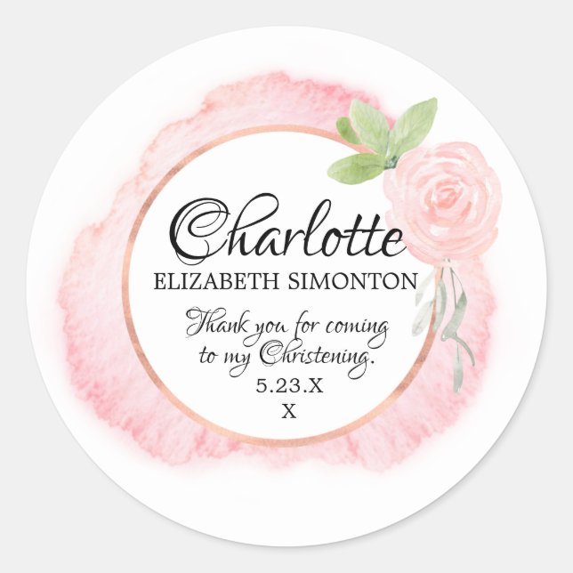 Pink Watercolor Rose Personalised Christening Classic Round Sticker (Front)