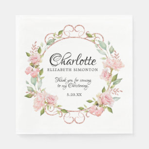 Pink Watercolor Rose Personalised Christening Napkin