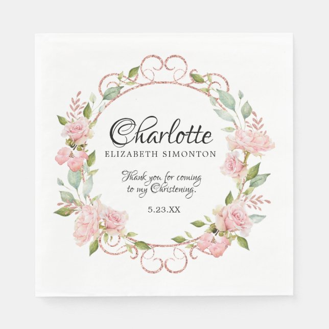 Pink Watercolor Rose Personalised Christening Napkin (Front)