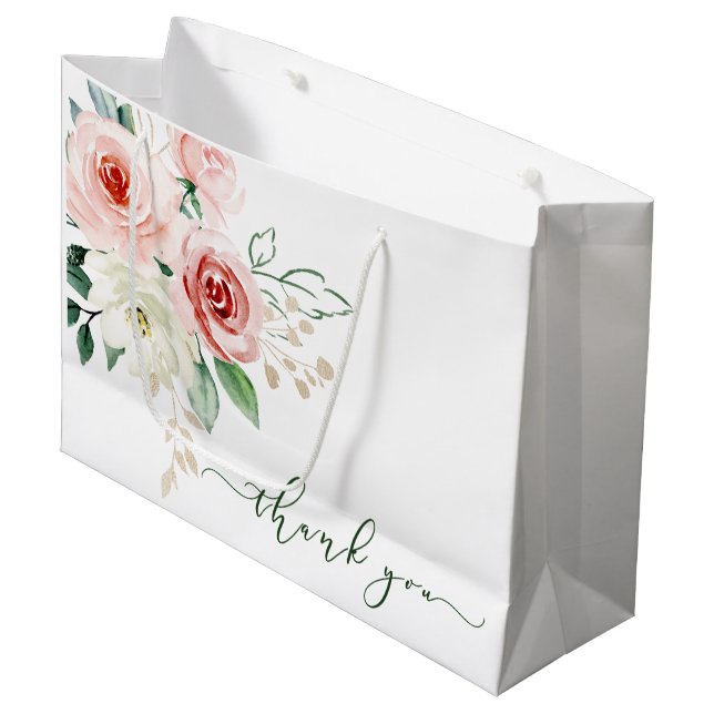 Pink Watercolor Rose Thank You Gift Bag (Front Angled)