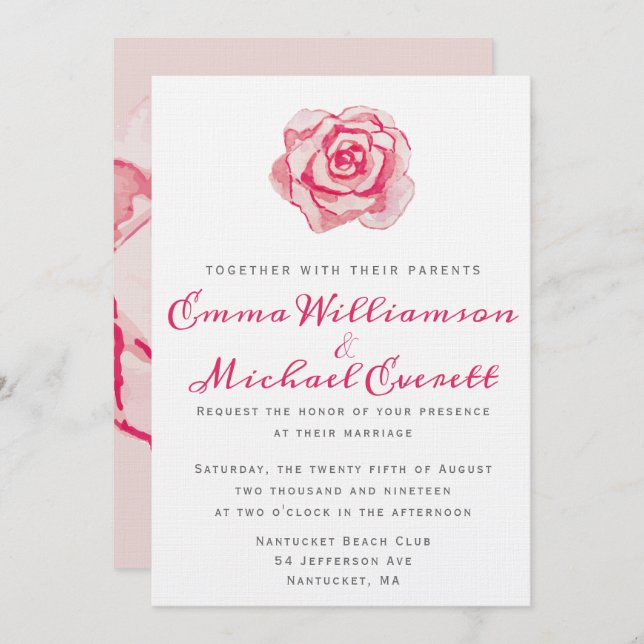Pink Watercolor Rose | Wedding Invitation (Front/Back)