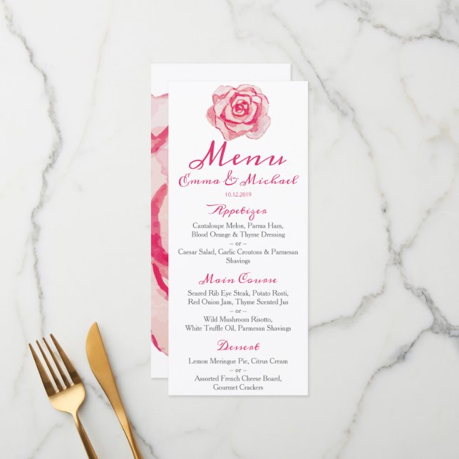 Pink Watercolor Rose | Wedding Menu (Front/Back In Situ)