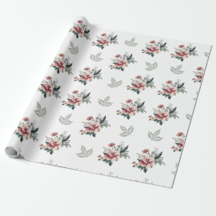 Pink Watercolor Rose with Teal Foliage Wrapping Paper
