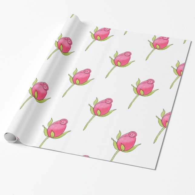 Pink Watercolor Rosebud Pattern Wrapping Paper (Unrolled)