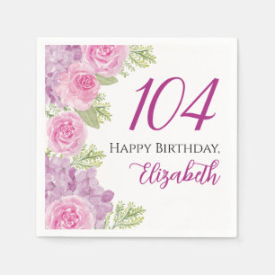 Pink Watercolor Roses 104th Birthday Paper Napkin