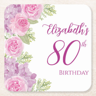Pink Watercolor Roses 80th Birthday Coaster