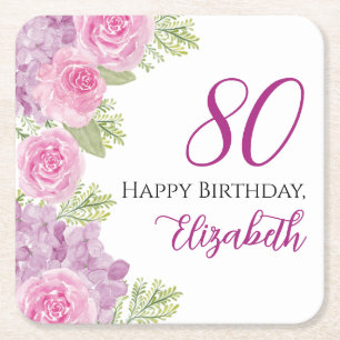 Pink Watercolor Roses 80th Birthday Coaster