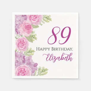 Pink Watercolor Roses 89th Birthday Paper Napkin