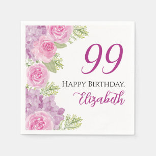 Pink Watercolor Roses 99th Birthday Paper Napkin