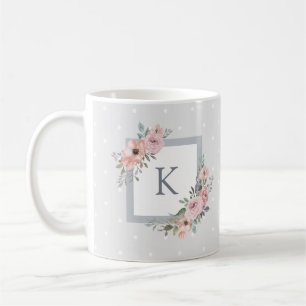 Pink Watercolor Roses and Grey Dots Monogram Coffee Mug