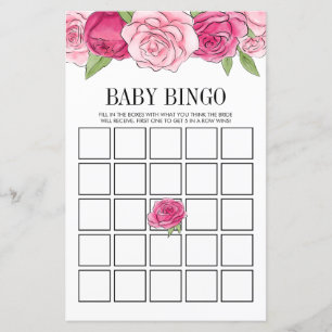 Pink Watercolor Roses Baby Shower Bingo Game Card