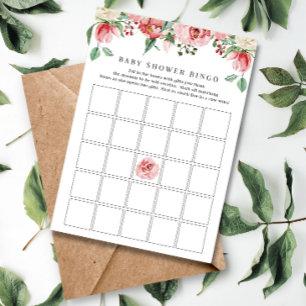 Pink Watercolor Roses Baby Shower Bingo Game Card