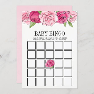 Pink Watercolor Roses Baby Shower Bingo Game Card