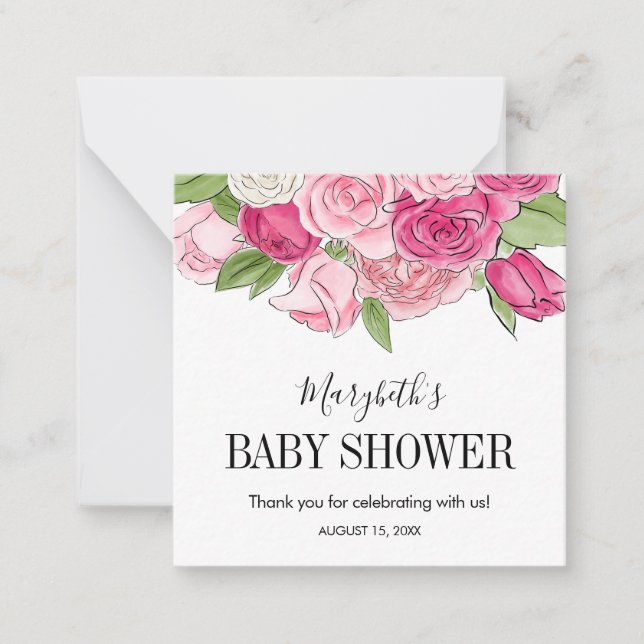 Pink Watercolor Roses Baby Shower Card (Front)