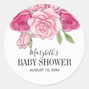 Pink Watercolor Roses Baby Shower Classic Round Sticker