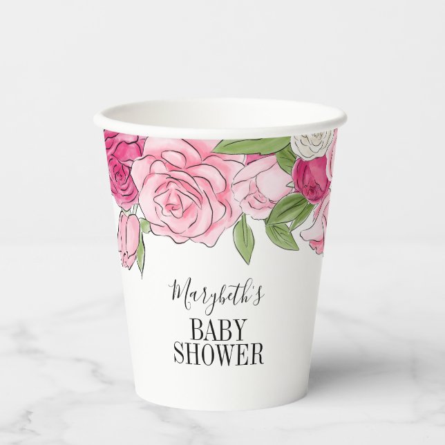Pink Watercolor Roses Baby Shower Paper Cups (Front)