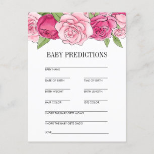 Pink Watercolor Roses Baby Shower Predictions Card