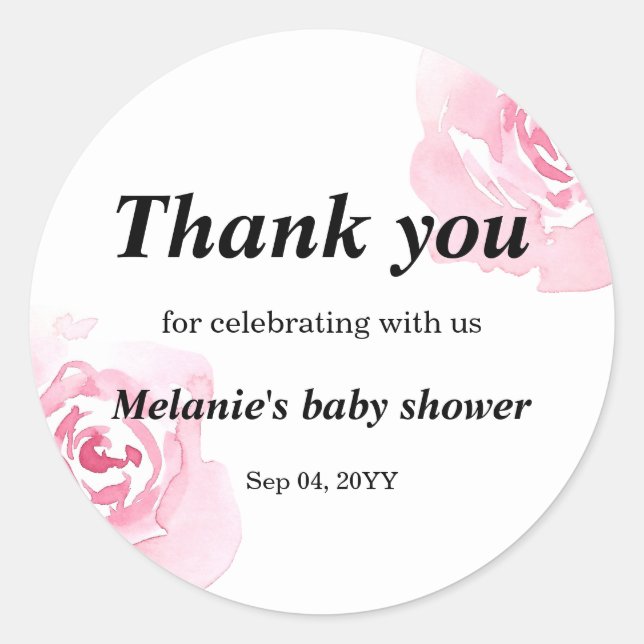 Pink Watercolor Roses Baby Shower Round  Sticker (Front)