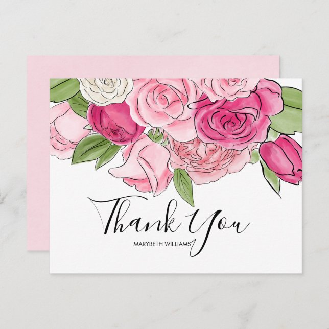 Pink Watercolor Roses Baby Shower Thank You Card (Front/Back)