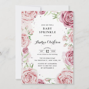 Pink Watercolor Roses Baby Sprinkle Shower Invitation