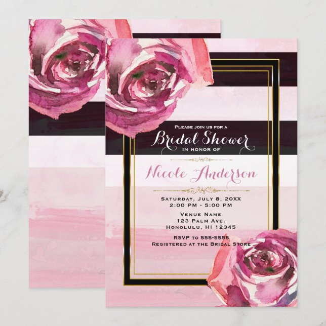 Pink Watercolor Roses Black White Stripe Modern Invitation (Front/Back)