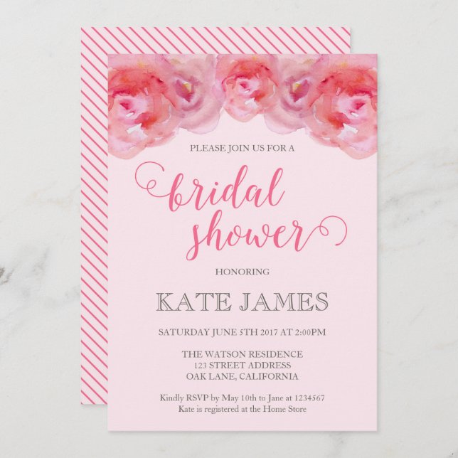 Pink Watercolor Roses Bridal Shower Invitation (Front/Back)