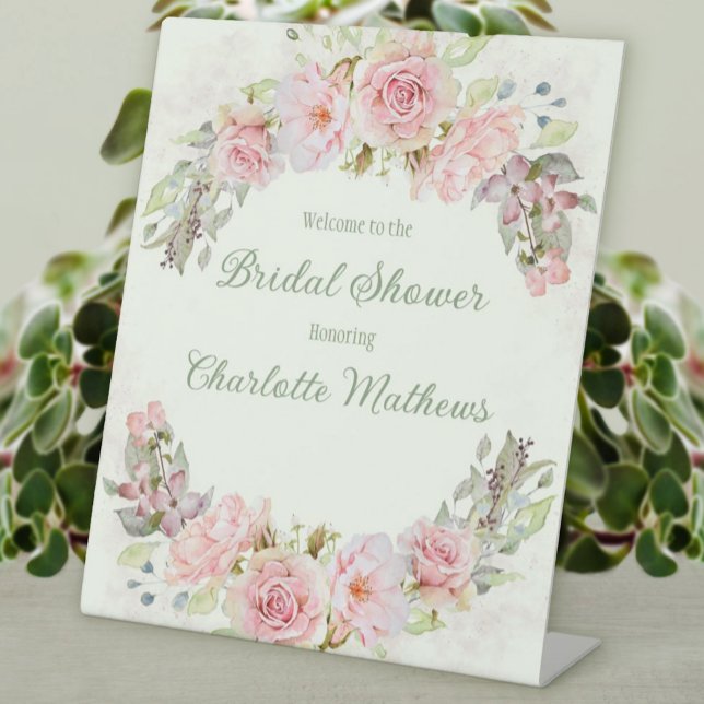 Pink Watercolor Roses Bridal Shower  Pedestal Sign (Pink Watercolor Roses Sage Green Bridal Shower Pedestal Sign)