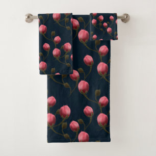 Pink watercolor roses buds on dark blue bath towel set