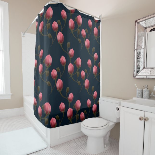 Pink watercolor roses buds on dark blue shower curtain (In Situ)
