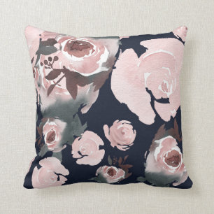 Pink Watercolor Roses Dark Navy Blue Floral Cushion