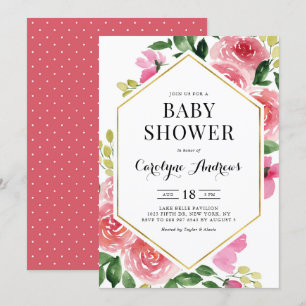 Pink Watercolor Roses Floral Frame Baby Shower Invitation