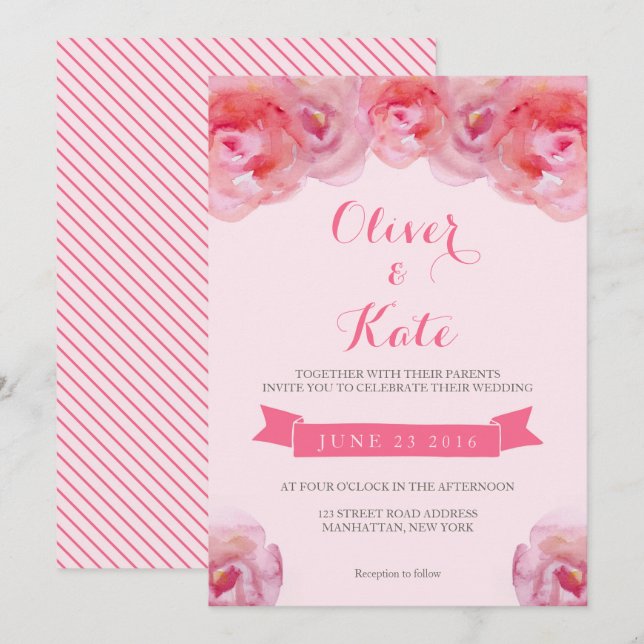 Pink Watercolor Roses Floral Wedding Invitation (Front/Back)
