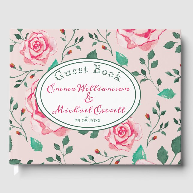 Pink Watercolor Roses & Foliage Pattern | Wedding Guest Book (Front)