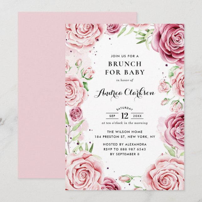 Pink Watercolor Roses Frame Baby Shower Brunch Invitation (Front/Back)