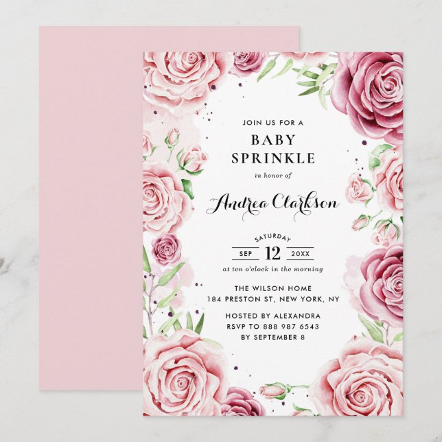 Pink Watercolor Roses Frame Baby Sprinkle Shower Invitation (Front/Back)