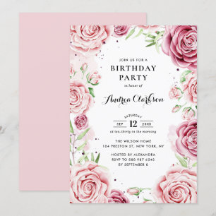 Pink Watercolor Roses Frame Birthday Party Invitation