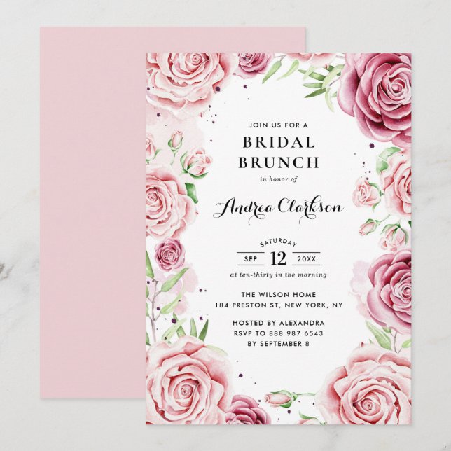 Pink Watercolor Roses Frame Bridal Brunch Invitation (Front/Back)