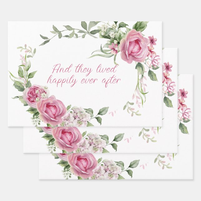 Pink Watercolor Roses Frame Personalised  Wrapping Paper Sheet (Set)