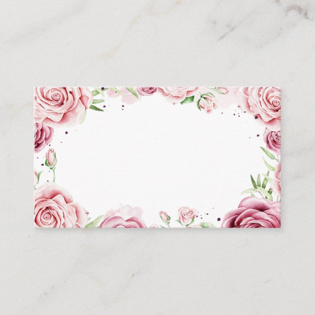 Pink Watercolor Roses Frame Wedding Place Card (Front)