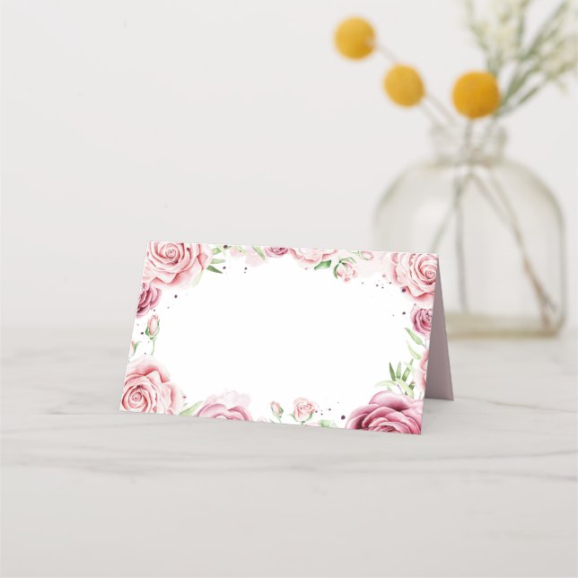 Pink Watercolor Roses Frame Wedding Place Card (Front)