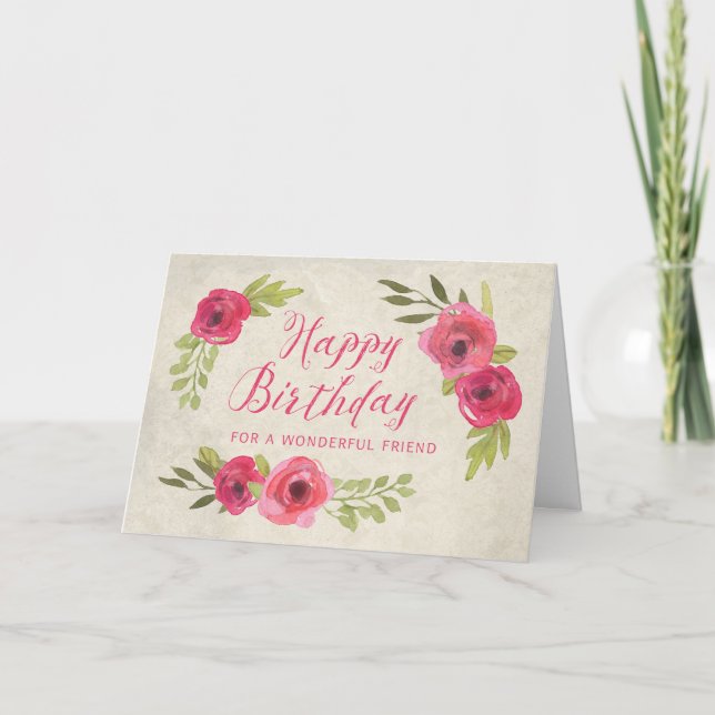 Pink Watercolor Roses Friend Birthday Card (Front)