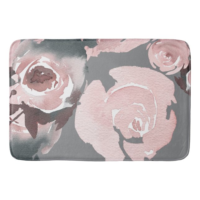 Pink Watercolor Roses Grey Charcoal Floral Bath Mat (Front)